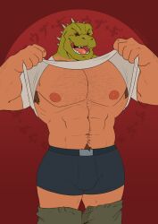 Rule 34 | 1boy, :d, abs, absurdres, animal head, armpit hair, armpit hair peek, bara, bare pectorals, black male underwear, boxers, bulge, caiman (dorohedoro), closed eyes, clothes pull, cowboy shot, dark-skinned male, dark skin, dorohedoro, green scales, highres, huge pectorals, kiba2412, lifting own clothes, lizardman, male focus, male underwear, muscular, muscular male, navel, navel hair, nipples, open mouth, pants, pants pull, pectorals, red background, reptile boy, smile, solo, sparse chest hair, spikes, standing, stomach, strongman waist, translation request, underwear