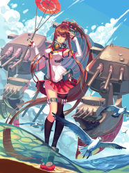 Rule 34 | 10s, 1girl, absurdly long hair, bird, breasts, brown eyes, brown hair, detached sleeves, full body, hair ornament, highres, kantai collection, large breasts, long hair, looking at viewer, madyy, oil-paper umbrella, personification, ponytail, single thighhigh, skirt, soaking feet, solo, thighhighs, umbrella, very long hair, wading, water, yamato (kancolle)