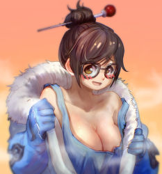 Rule 34 | 1girl, anson jun, bare shoulders, beads, black-framed eyewear, blue gloves, blush, blush stickers, breasts, brown eyes, brown hair, cleavage, coat, collarbone, dress, eyebrows, fur-trimmed jacket, fur coat, fur trim, glasses, gloves, hair bun, hair ornament, hair stick, hot, jacket, large breasts, looking at viewer, mei (overwatch), off shoulder, open clothes, open jacket, open mouth, overwatch, overwatch 1, parka, short hair, sidelocks, single hair bun, smile, solo, steam, strap slip, sweatdrop, tank top, upper body, winter clothes, winter coat
