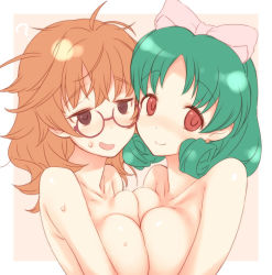 Rule 34 | 2girls, :d, ?, blush, bow, breast press, breasts, character request, cleavage, collarbone, copyright request, fuyube rion, green hair, hair bow, jitome, large breasts, looking at viewer, messy hair, multiple girls, nose blush, nude, open mouth, parted bangs, pink bow, red-framed eyewear, red eyes, round eyewear, shiny skin, short hair, smile, sweat, symmetrical docking, tareme, upper body