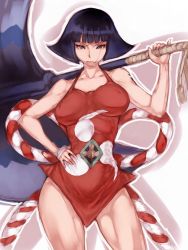 Rule 34 | 1girl, axe, bandages, bare shoulders, black eyes, black hair, breasts, fumio (rsqkr), genderswap, genderswap (mtf), hand on own hip, hip focus, huge weapon, kouhaku nawa, large breasts, one piece, rope, scar, sentoumaru, shimenawa, short hair, solo, thick thighs, thighs, toned, weapon