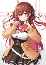 Rule 34 | 1girl, ahoge, black choker, black ribbon, black skirt, blush, box, breasts, brown cardigan, brown hair, cardigan, choker, closed mouth, commentary request, ear piercing, gift, gift box, hair between eyes, hair ornament, hair ribbon, heart-shaped box, high-waist skirt, highres, holding, holding box, large breasts, long hair, long sleeves, looking at viewer, nyan (reinyan 007), open cardigan, open clothes, original, piercing, red eyes, ribbon, shirt, skirt, smile, solo, two side up, very long hair, white shirt, x hair ornament