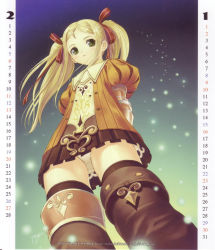 Rule 34 | 1girl, armor, armored dress, blonde hair, boots, flat chest, foreshortening, gauntlets, green eyes, highres, light particles, looking at viewer, miniskirt, orange shirt, panties, pantyshot, puff and slash sleeves, puffy sleeves, radiata stories, red ribbon, ribbon, ridley timberlake, shirt, skirt, solo, thighhighs, tony taka, twintails, underwear, upskirt