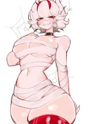 Rule 34 | 1girl, bandages, beelzebub (helltaker), blush, breasts, choker, cleavage, demon girl, demon horns, earrings, freckles, helltaker, highres, horns, jewelry, large breasts, looking at viewer, midriff, navel, red eyes, revealing clothes, short hair, smile, thick thighs, thighhighs, thighs, underboob, usa37107692, white hair, wide hips, wrapped up