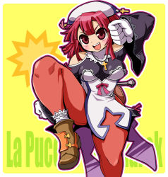 Rule 34 | 1girl, bare shoulders, breasts, cross, female focus, fighting stance, gloves, hat, kurono, la pucelle, large breasts, long hair, open mouth, pantyhose, prier, red eyes, red hair, smile, solo, thighs