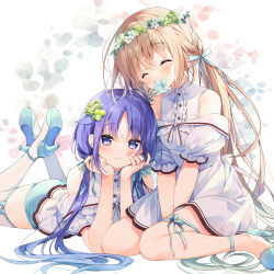 Rule 34 | 2girls, ^ ^, bare shoulders, blue flower, blue footwear, blush, bow, closed eyes, closed mouth, commentary request, dress, flower, flower over mouth, frills, hair between eyes, hair ornament, head rest, head wreath, high heels, kurone (suimya), long hair, low twintails, lying, multiple girls, off shoulder, on stomach, original, puffy short sleeves, puffy sleeves, purple eyes, purple hair, shirahana (suimya), shirt, shoe soles, shoes, short shorts, short sleeves, shorts, sitting, sleeveless, smile, suimya, thighhighs, twintails, very long hair, wariza, white dress, white flower, white shirt, white thighhighs