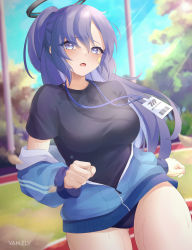 Rule 34 | 1girl, absurdres, black shirt, blue archive, blue buruma, blue eyes, blue hair, blue jacket, blush, breasts, buruma, gym uniform, halo, highres, id card, jacket, lanyard, large breasts, looking at viewer, off shoulder, open mouth, partially unzipped, ponytail, shirt, short sleeves, solo, star sticker, sticker on face, sweat, thighs, track jacket, van.elv, yuuka (blue archive), yuuka (track) (blue archive)