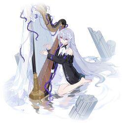 Rule 34 | 1girl, aslaug (honkai impact), bare legs, bare shoulders, barefoot, flower, full body, grey hair, hair flower, hair ornament, harp, honkai (series), honkai impact 3rd, instrument, long hair, music, official art, plant, playing instrument, purple eyes, ruins, sitting, third-party source, thorns, wading, wariza, water