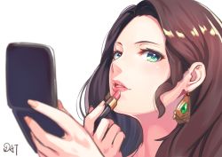 Rule 34 | 1girl, brown hair, close-up, commentary request, da-cart, dorothea arnault, earrings, fire emblem, fire emblem: three houses, green eyes, hand mirror, highres, jewelry, lipstick, long hair, looking at viewer, looking to the side, makeup, mirror, nintendo, pink lips
