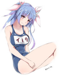 Rule 34 | 1girl, bare shoulders, blue hair, breasts, hair ornament, hair ribbon, head tilt, i-19 (kancolle), kantai collection, large breasts, long hair, looking at viewer, name tag, one-piece swimsuit, pink ribbon, red eyes, ribbon, saplus, school swimsuit, simple background, sitting, smile, solo, star-shaped pupils, star (symbol), swimsuit, symbol-shaped pupils, thighs, tri tails, white background