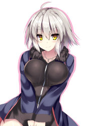 Rule 34 | 1girl, adapted costume, ahoge, black dress, blonde hair, breasts, coat, commentary request, dress, fate/grand order, fate (series), fur coat, fur trim, hair between eyes, jeanne d&#039;arc (fate), jeanne d&#039;arc alter (fate), jeanne d&#039;arc alter (ver. shinjuku 1999) (fate), jewelry, large breasts, long sleeves, looking at viewer, necklace, official alternate costume, ryokushiki (midori-ya), short hair, smile, solo, v arms, yellow eyes