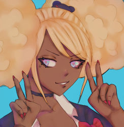 Rule 34 | 1girl, afro, afro puffs, bear hair ornament, black choker, blonde hair, blue background, bow, bowtie, choker, close-up, collarbone, collared shirt, danganronpa (series), danganronpa another episode: ultra despair girls, dark-skinned female, dark skin, double v, eyebrows, eyeliner, fake nails, fingernails, hair ornament, heart, heart-shaped pupils, highres, lace, lace choker, looking to the side, makeup, nail polish, pink eyes, red bow, red nails, second generation enoshima junko, sharp fingernails, shirt, simple background, smile, symbol-shaped pupils, teeth, upper teeth only, v