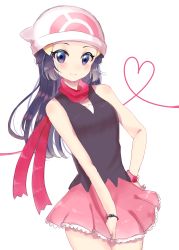 Rule 34 | 1girl, artist request, bad id, bad pixiv id, bare shoulders, beanie, between legs, black shirt, blue eyes, blue hair, blush, bracelet, breasts, creatures (company), dawn (pokemon), frilled skirt, frills, game freak, hair ornament, hairclip, hand between legs, hand on own hip, hat, heart, highres, jewelry, long hair, looking at viewer, matching hair/eyes, miniskirt, nintendo, pink skirt, poke ball symbol, pokemon, pokemon dppt, red scarf, scarf, shirt, simple background, skirt, sleeveless, sleeveless shirt, small breasts, smile, solo, standing, white background, white hat, wristband