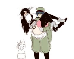 Rule 34 | 10s, 1boy, 2girls, :d, bare shoulders, black eyes, black hair, blue hair, blush, breasts, carrying, covering face, dandara (karakure), elbow gloves, gloves, hat, headgear, kantai collection, large breasts, long hair, midriff, military, military police, military uniform, multiple girls, mutsu (kancolle), nagato (kancolle), open mouth, original, princess carry, short hair, smile, thighhighs, uniform