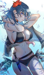 Rule 34 | 1girl, bare arms, bare shoulders, belt, bikini, black belt, black bikini, blue background, blue eyes, blue hair, breasts, byleth (female) (fire emblem), byleth (female) (summer) (fire emblem), byleth (fire emblem), cleavage, commentary request, cowboy shot, dagger, fire emblem, fire emblem: three houses, fire emblem heroes, flower, gradient background, hair flower, hair ornament, highres, kazu20200224, knife, knife belt, large breasts, long hair, looking at viewer, navel, nintendo, official alternate costume, parted lips, red flower, solo, standing, stomach, swimsuit, thighs, weapon