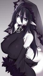 Rule 34 | 1girl, banshee (monster girl encyclopedia), bare shoulders, black dress, black hair, breasts, colored skin, commentary, cowboy shot, detached sleeves, dress, fur trim, goth fashion, gothic, hair between eyes, highres, jitome, large breasts, leaning forward, long hair, mofuaki, monster girl, monster girl encyclopedia, no panties, parted lips, pointy ears, see-through, side slit, sitting, skull, solo, undead, veil, white skin, wide sleeves