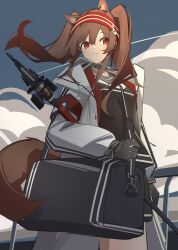 Rule 34 | 1girl, angelina (arknights), animal ears, arknights, bag, black bag, black collar, black gloves, brown hair, chichi guai, cloud, cloudy sky, coat, collar, duffel bag, earpiece, fox ears, fox girl, gloves, hairband, highres, holding, holding staff, infection monitor (arknights), jacket, long hair, long sleeves, material growth, one-piece swimsuit, open clothes, open coat, oripathy lesion (arknights), red eyes, red hairband, red one-piece swimsuit, shirt, sky, smile, solo, staff, striped clothes, striped hairband, swimsuit, twintails, two-tone hairband, white coat