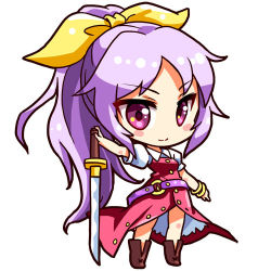 Rule 34 | 1girl, belt, blush stickers, boots, bow, bracelet, brown footwear, chibi, dress, full body, hair bow, jewelry, light purple hair, long hair, looking at viewer, lowres, ponytail, puffy short sleeves, puffy sleeves, purple eyes, red dress, renren (ah renren), shinobu shinobu, short sleeves, simple background, smile, solo, standing, sword, touhou, tsurime, very long hair, watatsuki no yorihime, weapon, white background, yellow bow