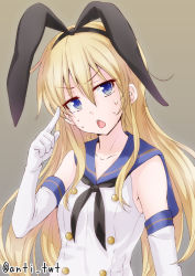 Rule 34 | 10s, 1girl, anti (untea9), bare shoulders, blonde hair, blue eyes, bow, chestnut mouth, elbow gloves, finger to head, furrowed brow, gloves, hair bow, hairband, kantai collection, long hair, looking at viewer, neckerchief, open mouth, sailor collar, shimakaze (kancolle), simple background, solo, sweat, twitter username, upper body, white background