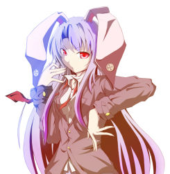 Rule 34 | 1girl, animal ears, bad id, bad pixiv id, blazer, buttons, female focus, fighting stance, jacket, jimo, long hair, necktie, rabbit ears, red eyes, red necktie, reisen udongein inaba, solo, touhou