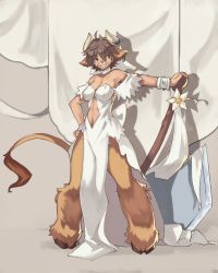 Rule 34 | 1girl, animal ears, bare shoulders, breasts, brown hair, choker, clothing cutout, commentary, commission, cow ears, cow horns, cow tail, dress, earrings, facial scar, full body, fur, green eyes, grin, hair between eyes, hand on hilt, hand on own hip, highres, hooves, horn ornament, horns, huge weapon, jewelry, legs apart, looking to the side, medium breasts, minotaur (monster girl encyclopedia), monster girl, monster girl encyclopedia, navel, navel cutout, scar, scar on cheek, scar on face, short hair, short sleeves, smile, solo, standing, tail, vins-mousseux, weapon, wedding dress, white choker, white dress, wristband