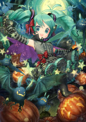Rule 34 | 1girl, bad id, bad pixiv id, bat (animal), cape, elbow gloves, full moon, gloves, green eyes, green hair, halloween, hatsune miku, jack-o&#039;-lantern, long hair, matching hair/eyes, moon, na222222, necktie, night, open mouth, outstretched arms, pantyhose, skirt, solo, spread arms, star (symbol), striped clothes, striped gloves, twintails, very long hair, vocaloid