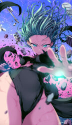 Rule 34 | 1girl, absurdres, black dress, breasts, commentary, dress, evil smile, foreshortening, from below, green eyes, green hair, groin, highres, kasai shin, lamppost, looking at viewer, looking down, one-punch man, parted lips, pelvic curtain, reaching, reaching towards viewer, road sign, rock, sign, signature, small breasts, smile, solo, tatsumaki, telekinesis, thighs, torn clothes, torn dress, twisted torso, underboob, v-shaped eyebrows