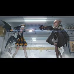 Rule 34 | 2girls, aiming, alternate costume, animal ears, bat wings, bullpup, cat ears, cat tail, dinergate (girls&#039; frontline), english text, eyewear on head, fake animal ears, girls&#039; frontline, gun, habit, halloween, halloween costume, handgun, highres, horizontal magazine, mexican standoff, multiple girls, nun, official alternate costume, official art, p7 (girls&#039; frontline), p7 (sister gunslinger) (girls&#039; frontline), p90, p90 (girls&#039; frontline), personal defense weapon, see-through, spoilers, submachine gun, sunglasses, sunglasses on head, tail, thighhighs, translucent, trigger discipline, weapon, wings