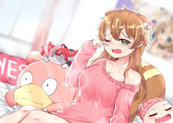 Rule 34 | 1girl, absurdres, animal ear fluff, animal ears, ayunda risu, blush, breasts, brown hair, character doll, cleavage, commentary, creatures (company), english commentary, game freak, gen 1 pokemon, green eyes, highres, hololive, hololive indonesia, indoors, kureiji ollie, long hair, looking at viewer, lovejuice (elmokun moe), medium breasts, messy hair, morning, nintendo, off shoulder, open mouth, pokemon, rubbing eyes, see-through, see-through cleavage, single bare shoulder, slowpoke, solo, squirrel ears, squirrel girl, squirrel tail, tail, virtual youtuber, waking up, yes-no pillow