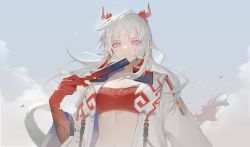 Rule 34 | 1girl, arknights, bandeau, holding, horns, huanxiang heitu, jacket, long hair, long sleeves, looking at viewer, midriff, multicolored hair, nian (arknights), official art, open clothes, open jacket, pointy ears, purple eyes, red hair, silver hair, smile, solo, stomach, strapless, streaked hair, tube top, upper body, white jacket