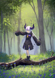 Rule 34 | 1girl, absurdres, ascot, black dress, black footwear, boots, day, demon horns, dress, flower, foreshortening, highres, hololive, horns, la+ darknesss, long hair, long sleeves, looking away, multicolored hair, open mouth, outdoors, pantyhose, pointy ears, purple flower, purple hair, purple pantyhose, single leg pantyhose, sleeves past fingers, sleeves past wrists, solo, standing, streaked hair, very long hair, virtual youtuber, white hair, xyunx, yellow ascot, yellow eyes