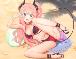 Rule 34 | 1girl, :d, ball, bangle, bare shoulders, beach, beachball, belt, bikini, blue eyes, blue nails, blush, bracelet, breasts, brown footwear, collarbone, commentary request, curled horns, demon girl, demon horns, demon tail, denkaisui, fingernails, full body, halterneck, hand up, high heels, horns, jewelry, long hair, looking at viewer, medium breasts, nail polish, navel, one side up, open mouth, pink hair, princess connect!, red bikini, sand, sandals, shadow, smile, solo, suzuna (princess connect!), suzuna (summer) (princess connect!), swimsuit, tail, tail raised, toenail polish, toenails, v over eye, very long hair, white belt