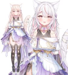 Rule 34 | 1girl, :d, absurdres, amai hiyo, animal ear fluff, animal ears, bare shoulders, black thighhighs, blonde hair, braid, cat ears, cat girl, cat tail, closed mouth, commentary request, dress, grey hair, hair between eyes, highres, indie virtual youtuber, long hair, multicolored hair, multiple views, off-shoulder dress, off shoulder, open mouth, purple dress, red eyes, red hair, rucaco, shoes, simple background, smile, streaked hair, tail, thighhighs, twin braids, very long hair, virtual youtuber, white background, white footwear