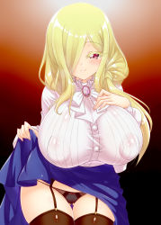 Rule 34 | 1girl, black panties, black thighhighs, blonde hair, blush, breasts, closed mouth, clothes lift, covered erect nipples, garter straps, highres, jashin-chan dropkick, large breasts, lifted by self, long hair, looking at viewer, panties, persephone (jashin-chan dropkick), red eyes, skirt, skirt lift, smile, solo, thighhighs, underwear, yakisoba (kaz2113)