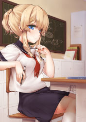 Rule 34 | 1girl, bad id, bad pixiv id, between breasts, blonde hair, blue eyes, blue sailor collar, blue skirt, blush, book, breasts, chair, chalkboard, classroom, closed mouth, commentary request, desk, eyes visible through hair, hair ornament, hairclip, highres, holding, indoors, looking at viewer, moe2018, neckerchief, original, pencil, ponytail, red neckerchief, sailor collar, school, school desk, shirt, short sleeves, sitting, skirt, smile, smug, solo, tanyatonya, white shirt