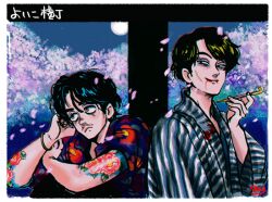 Rule 34 | 2boys, arm tattoo, black eyes, black hair, blood, blood in mouth, blood on clothes, brown eyes, cherry blossoms, facial hair, facial scar, floral print, full moon, holding, holding smoking pipe, japanese clothes, kaneoya sachiko, kimono, kiseru, knees up, looking at another, looking to the side, male focus, moon, multiple boys, night, original, parted bangs, petals, print shirt, scar, scar on cheek, scar on face, shirt, short hair, sitting, smile, smoking pipe, stitches, stubble, tattoo, yoiko yokochou