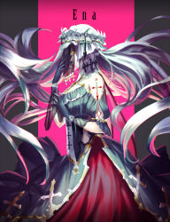 Rule 34 | 1girl, bad id, bad pixiv id, black background, black gloves, blue dress, breasts, cleavage, corset, cross, detached collar, dress, floating hair, gloves, hat, layered dress, long hair, looking at viewer, looking to the side, mob cap, original, pink background, profile, red dress, shionty, solo, two-tone background, veil, very long hair, yellow eyes