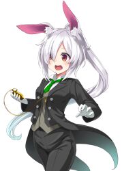 Rule 34 | 1girl, absurdres, animal ear fluff, animal ears, black coat, black jacket, black pants, black suit, breast pocket, coat, collared shirt, commentary request, cowboy shot, dress shirt, eyes visible through hair, formal, gloves, green necktie, grey vest, hair over one eye, highres, holding, holding pocket watch, indie virtual youtuber, jacket, light blush, long hair, necktie, official art, open mouth, pant suit, pants, pocket, pocket watch, ponytail, rabbit ears, rabbit girl, red eyes, second-party source, shirato kei (vtuber), shirt, simple background, solo, suit, suit jacket, tailcoat, takehana note, tearing up, vest, watch, white background, white gloves, white hair, white shirt