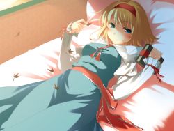 Rule 34 | 1girl, alice margatroid, bed, blonde hair, blue eyes, book, capelet, expressionless, female focus, hairband, highres, hinohoshi ataru, leaf, looking at viewer, lying, maple leaf, on back, sany, short hair, solo, touhou, wallpaper