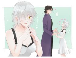 Rule 34 | 1boy, 1girl, bandages, brown hair, claudia hortensia, commentary request, couple, dress, eyepatch, fate/stay night, fate (series), highres, holding hands, husband and wife, kotomine kirei, mct, own hands together, size difference, wavy hair, white hair, yellow eyes