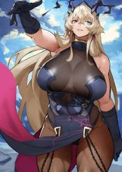 Rule 34 | 1girl, abs, absurdres, armpits, bare shoulders, black dress, black gloves, blonde hair, blue eyes, blush, breasts, brown pantyhose, chain, cloud, covered navel, crossed bangs, dress, elbow gloves, barghest (fate), barghest (second ascension) (fate), fate/grand order, fate (series), gloves, hair between eyes, heterochromia, highres, horns, large breasts, long hair, looking at viewer, muscular, muscular female, pantyhose, parted lips, pelvic curtain, red eyes, sideboob, single glove, sky, smile, solo, thick thighs, thighs, toned, yoshio (55level)