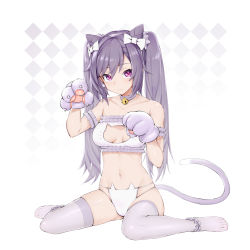 Rule 34 | 1girl, absurdres, alternate costume, animal hands, anklet, armlet, bare shoulders, bell, bow, breasts, cat lingerie, cat tail, cleavage, collar, collarbone, commentary request, cone hair bun, dodo (yatotoyatoto), double bun, full body, genshin impact, gloves, hair between eyes, hair bow, hair bun, highres, jewelry, jingle bell, keqing (genshin impact), long hair, looking at viewer, meme attire, navel, no shoes, paw gloves, paw pose, purple eyes, purple hair, sidelocks, sitting, solo, stomach, tail, thighhighs, toes, twintails, wariza, white background, white thighhighs
