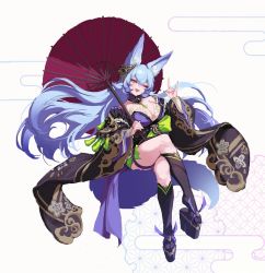 Rule 34 | 1girl, ;d, absurdres, animal ear fluff, animal ears, black socks, blue hair, breasts, cleavage, commentary, crossed legs, detached collar, f.k (hs225kr), fang, fox ears, fox shadow puppet, green eyes, green nails, hair between eyes, highres, holding, holding umbrella, kneehighs, large breasts, long hair, looking at viewer, multicolored nails, nail polish, oil-paper umbrella, one eye closed, open mouth, original, purple nails, skin fang, smile, socks, solo, swept bangs, symbol-only commentary, thick eyebrows, thighs, umbrella, very long hair, white background