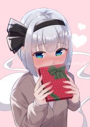 Rule 34 | 1girl, black hairband, blue eyes, blunt bangs, blush, bob cut, bow hairband, box, cardigan, collared shirt, commentary request, covering own mouth, from above, full-face blush, gift, gift box, green eyes, grey hair, hairband, hands up, heart, highres, holding, holding box, holding gift, konpaku youmu, konpaku youmu (ghost), long sleeves, looking at viewer, multicolored eyes, pink background, rital, shirt, short hair, simple background, solo focus, touhou, twitter username, upper body, valentine, white shirt