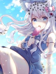 Rule 34 | 1girl, animal ears, animal print, bare shoulders, blue dress, blue eyes, commentary, day, dress, fang, food, gomano rio, hair ornament, highres, holding, holding food, lens flare, leopard print, looking at viewer, original, popsicle, skin fang, sky, sleeveless, solo, strap slip, white hair, wrist cuffs