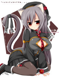 Rule 34 | 1girl, animal ears, blush, boots, bow, breasts, bursting breasts, cat ears, cat tail, cleavage cutout, clothing cutout, collar, grey hair, hat, highres, large breasts, long hair, mia flatpaddy, necktie, open mouth, original, pleated skirt, red eyes, ribbon, sitting, skirt, solo, syroh, tail, tail ornament, tail ribbon, thighhighs, very long hair