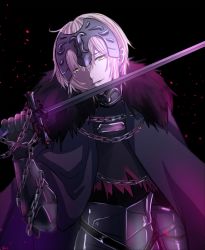 Rule 34 | 1boy, armor, black background, cape, chain, fate/grand order, fate (series), fur trim, gauntlets, genderswap, genderswap (ftm), holding, holding sword, holding weapon, jeanne d&#039;arc (fate), jeanne d&#039;arc alter (avenger) (fate), jeanne d&#039;arc alter (avenger) (first ascension) (fate), jeanne d&#039;arc alter (fate), looking at viewer, male focus, omizu (omz), parted lips, short hair, silver hair, smile, solo, sword, upper body, weapon, yellow eyes