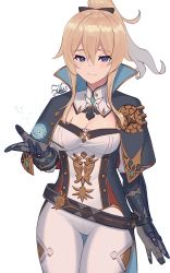 Rule 34 | 1girl, absurdres, arm up, black bow, black capelet, black gloves, blonde hair, blue eyes, bow, breasts, capelet, cleavage, dandelion, flower, genshin impact, gloves, hair bow, highres, jean (genshin impact), light blush, light smile, long hair, looking at viewer, medium breasts, pants, ponytail, sidelocks, simple background, solo, upper body, white background, white neckwear, white pants, ziddol