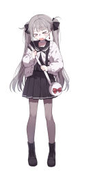 Rule 34 | &gt; &lt;, 1girl, bad id, bad pixiv id, bag, bandaged neck, bandages, black bow, black footwear, black sailor collar, black serafuku, black shirt, black skirt, boots, bow, cardigan, closed eyes, cross-laced footwear, earrings, facing viewer, fang, full body, grey hair, hair bow, highres, jewelry, lace-up boots, long hair, moffle (ayabi), off shoulder, open cardigan, open clothes, open mouth, original, pantyhose, pleated skirt, red bow, sailor collar, school uniform, serafuku, shirt, shoulder bag, simple background, skirt, solo, standing, tears, twintails, very long hair, wavy mouth, white background, white cardigan