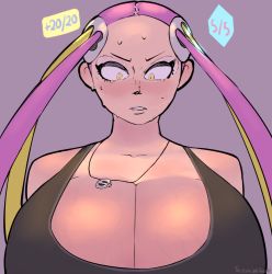 Rule 34 | 1girl, blush, breasts, cleavage, collar, creatures (company), embarrassed, female focus, game freak, huge breasts, looking at viewer, multicolored hair, nintendo, plumeria (pokemon), pokemon, pokemon sm, solo, speech bubble, surprised, team skull, thickeningagent, twintails, yellow eyes